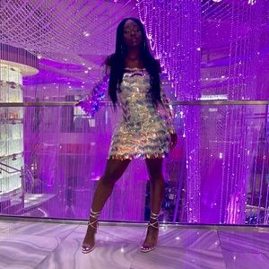 Iridescent off the shoulder dress